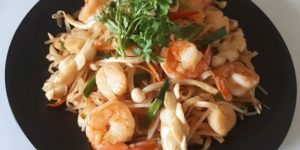 Gluten free stir fried noodles with seafood